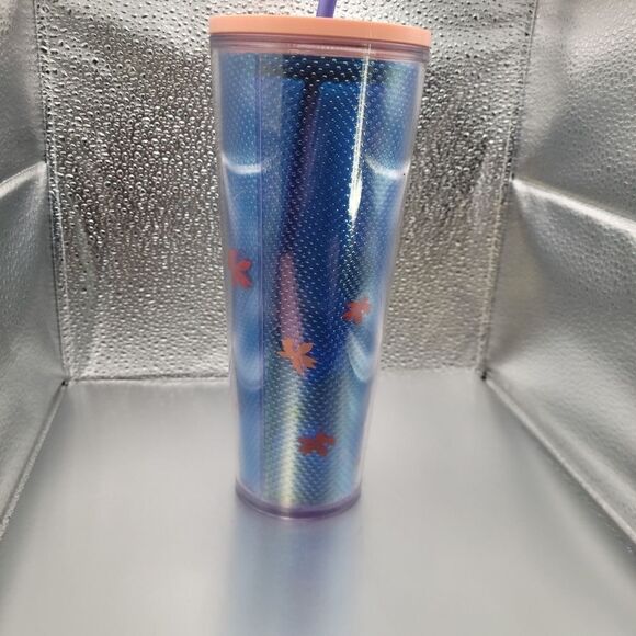 NWT! Starbucks Pink Blue Beach Palm Tree Acrylic Cold Cup Tumbler Venti 24oz - Picture 3 of 5
